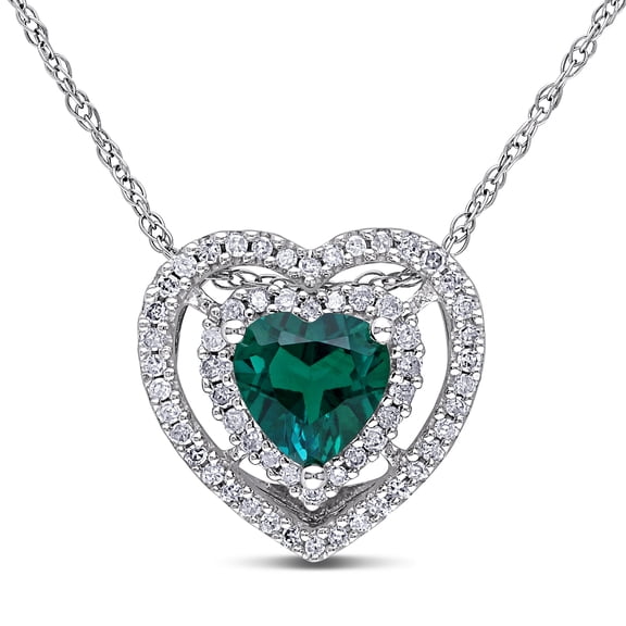 Everly Women's Created Emerald and Diamond 10k White Gold Double Halo Heart Pendant with Chain