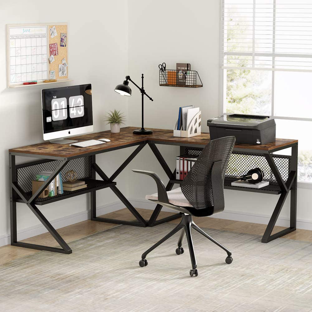 L Shaped Computer Desk With Open Storage Shelves Two Person Large