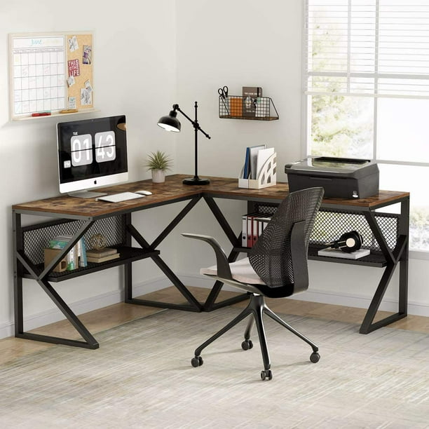 LShaped Computer Desk with Open Storage Shelves, Two Person Large