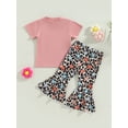 thumbnail image 4 of TSEXIEFOOFU Kids Girls Summer Outfits Letter Print Short Sleeve T-shirt and Elastic Cow/ Leopard Print Flare Pants Set, 4 of 8