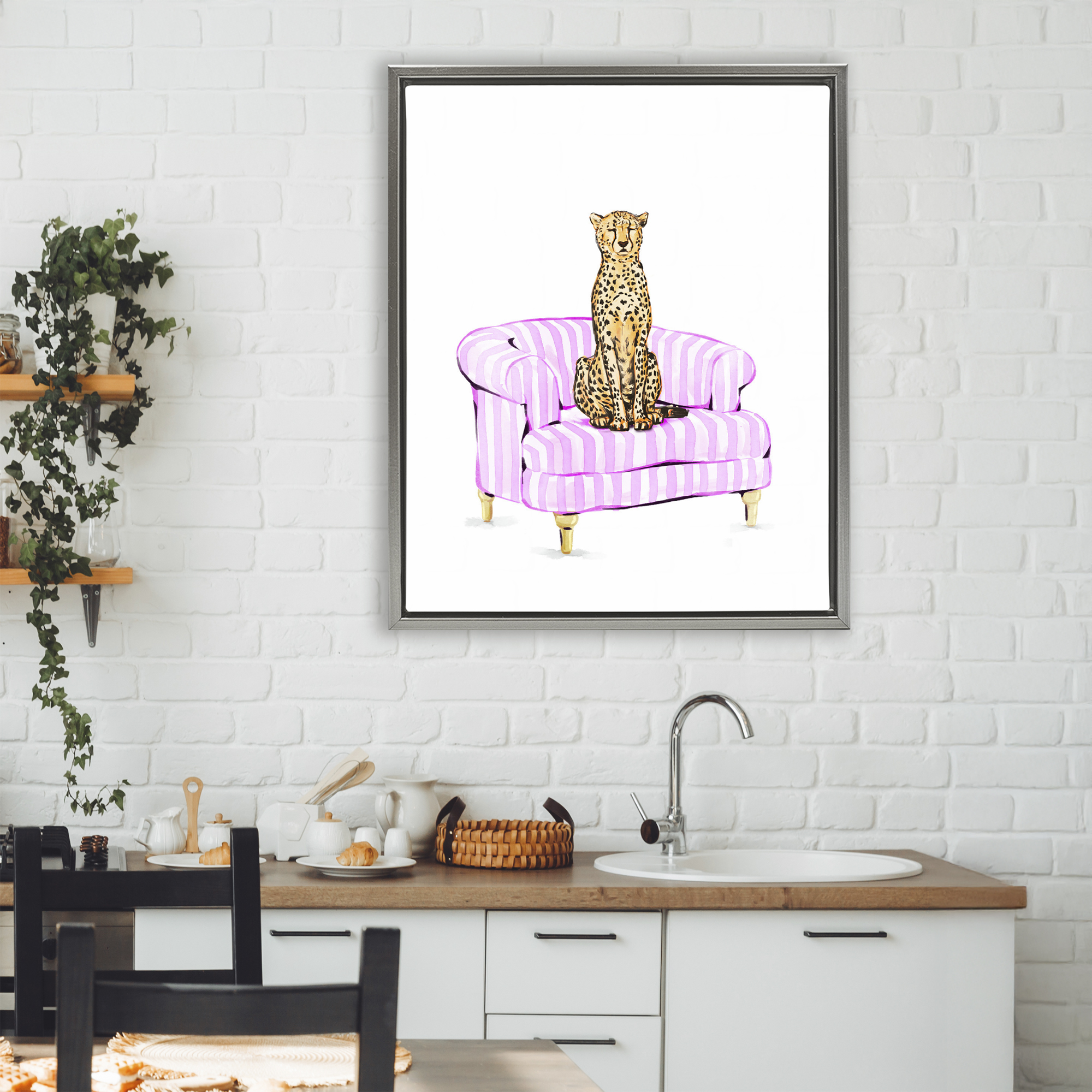 Cheetah on Pink Stripe Chair Gray Framed Floater Canvas Wall Art, design by Ziwei Li