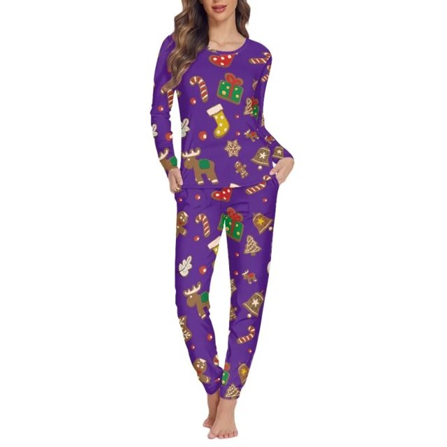 Ropa de dormir de manga larga para mujer, conjunto de dos piezas con patrón navideño, pijama informal y acogedor para el hogar, Invierno
