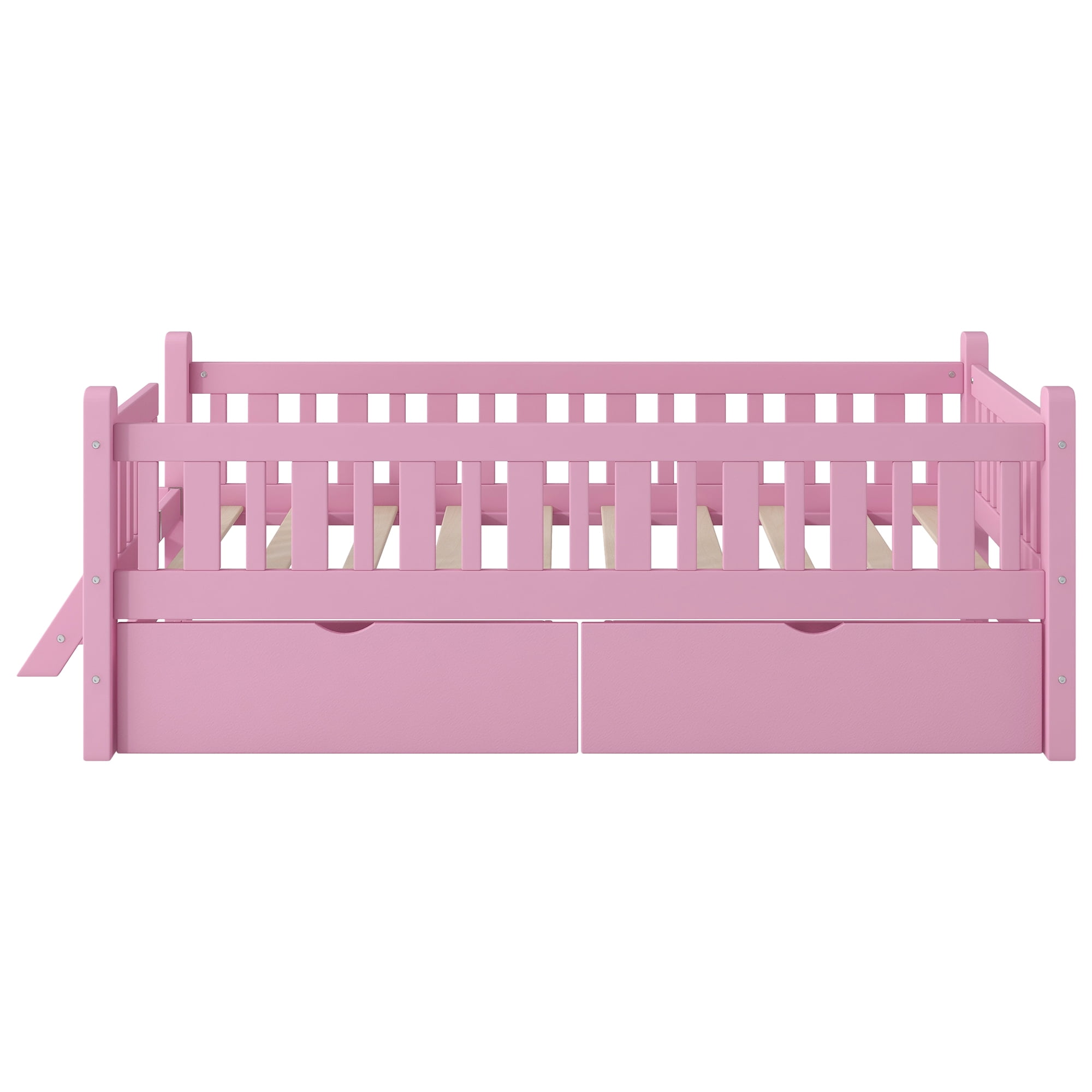 Euroco Wood Twin Size Platform Bed with 2 Drawers and Ladder for Kids and Toddlers, Pink