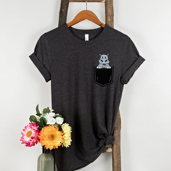 Pocket Peekaboo Hippo Animal Shirt, Hippo Lover, Gift, Cute Pocket Gift for Animal Lover Tee, Animal Graphic Tees, Minimalist Animal Shirt (Colors:Dark Grey Heather; Sizes:S;)