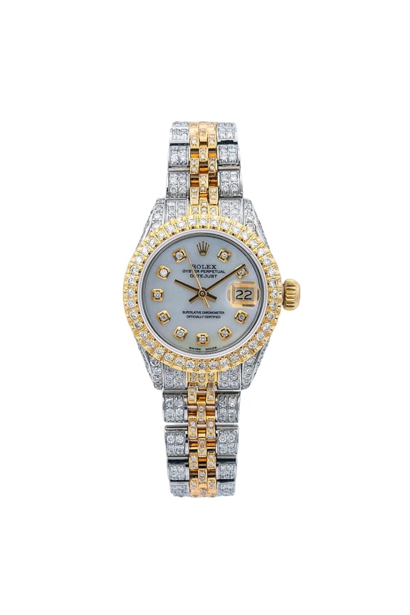 Pre-Owned Rolex Datejust 26MM 6917 Mother of Pearl Diamond Dial Diamond Bezel Two Tone Yellow Gold Full Diamond Jubilee Bracelet 5.75ct