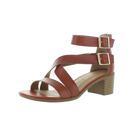 SUN STONE Womens Brown Slip-Resistant Strappy Ankle-Strap Buckle Accent Cushioned Quinn Round Toe Block Heel Zip-Up Dress Sandals Shoes 6 M