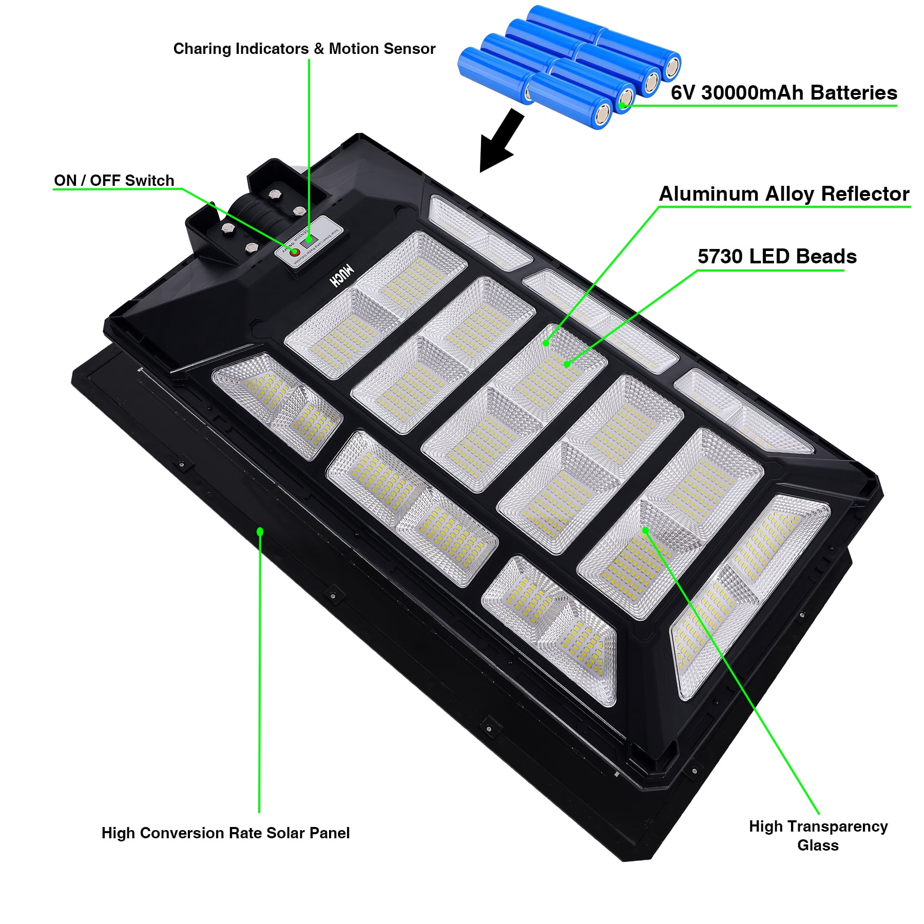 MUCH 10000W Solar Street Light Commercial, IP67 Waterproof Dusk to Dawn Motion Sensor Outdoor 320° Security Flood Light with Remote & Pole for Parking Lot Yard