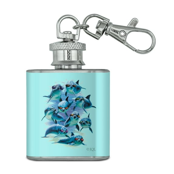 Funny Dolphins in Sunglasses Diving Stainless Steel 1oz Mini Flask Key Chain