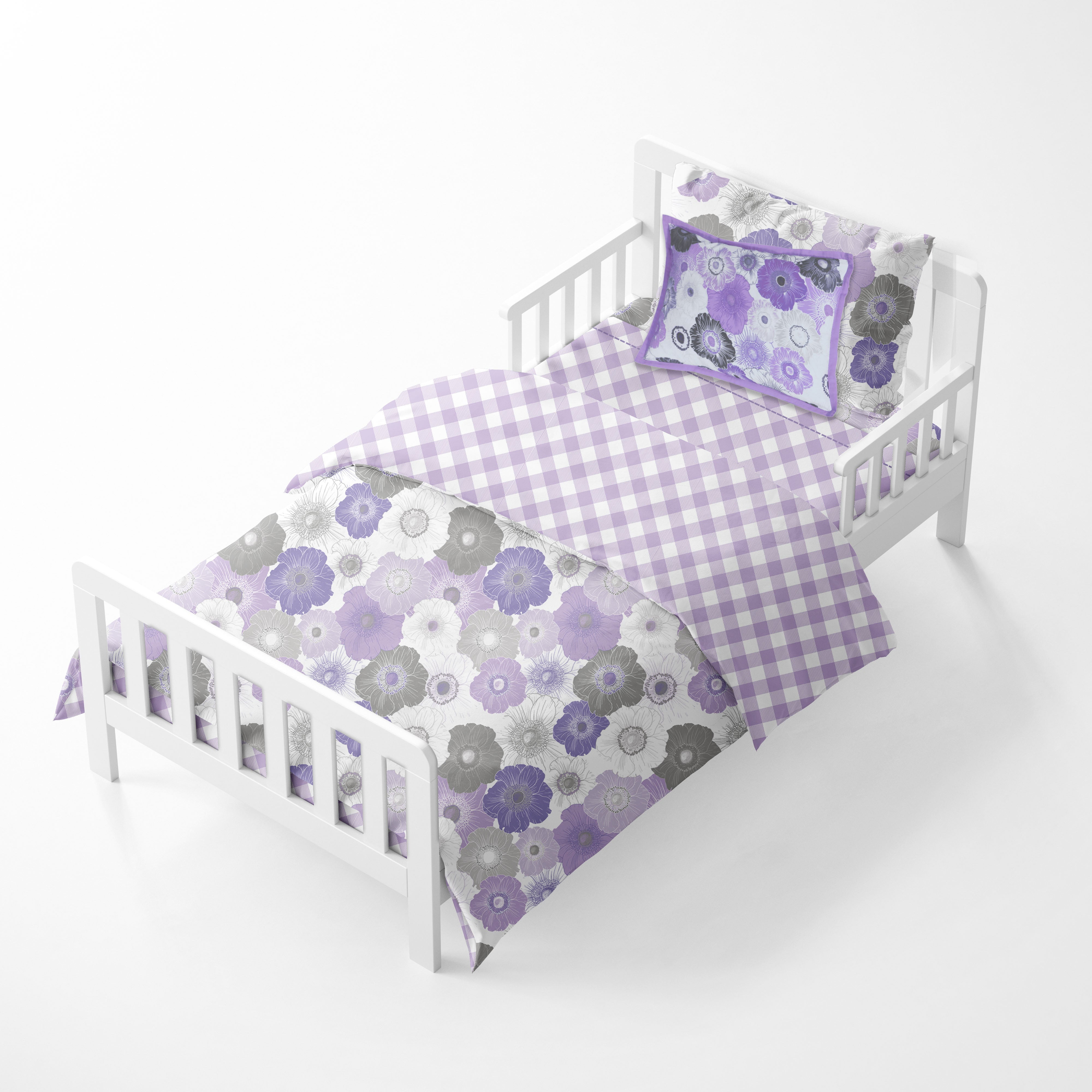 Bacati - 5 pc Toddler Bedding/Sheet Set 100% Cotton Percale, Watercolors Flowers Purple Gray