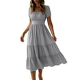 thumbnail image 3 of Asxite Summer Dresses for Women Casual Solid Straight Neck Short Sleeve Midi Sundress, 3 of 6