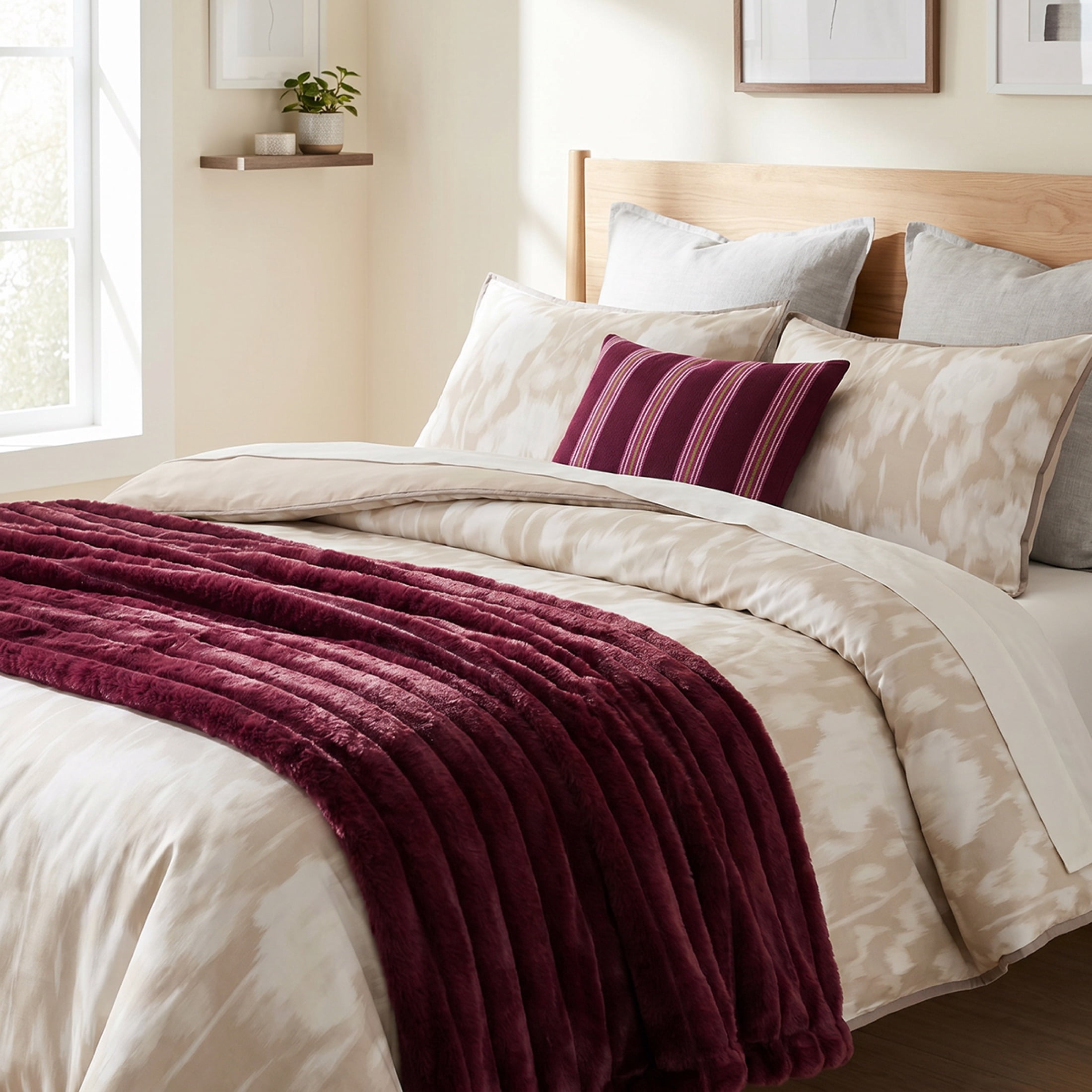 Mainstays Red Currant Channel Faux Fur Blanket, King, 102 in x 90 in