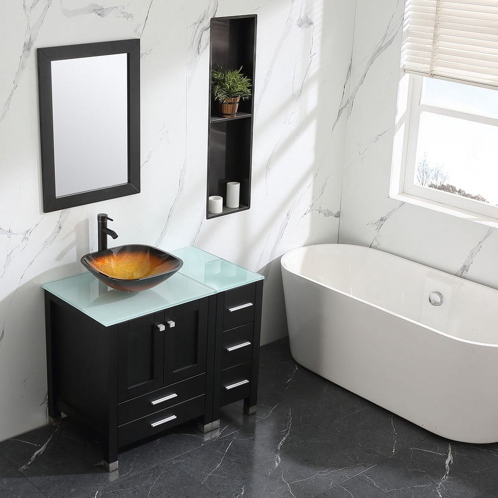 Walsport 36" Luxurious Bathroom Vanity and Sink Combo Cabinet with Golden&Black Glass Vessel Sink and Faucet Pop Up Drain,Black
