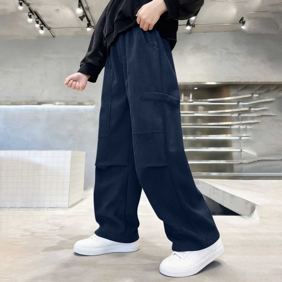Boys Cargo Pants Wide Leg Corduroy, Kids Elastic Waist Comfort Pants for School & Play, Navy Blue 5-14 Years,Size 7-8 T