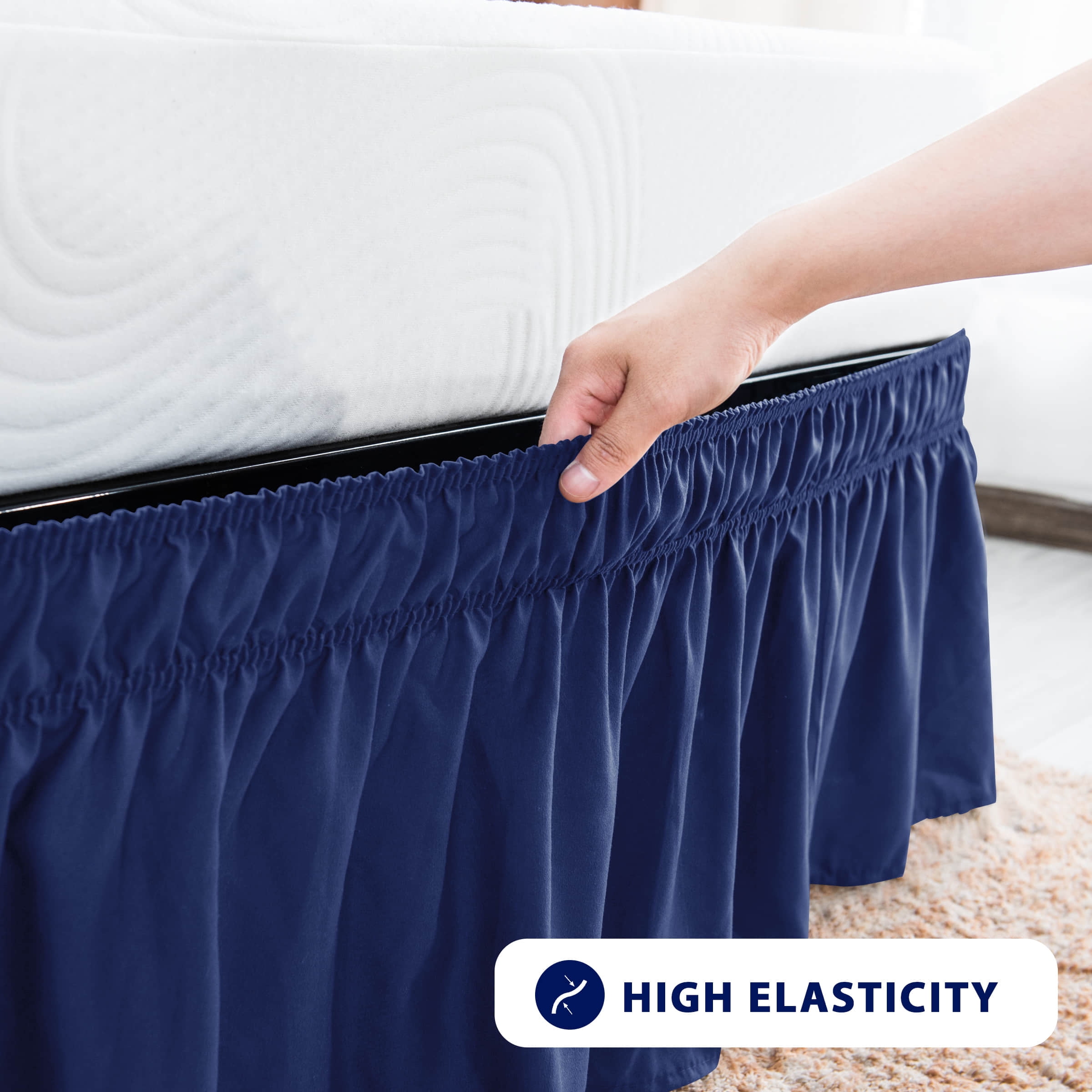 Subrtex Bed Skirt Wrap-Around Dust Ruffle Elastic 16 Inch Bed Cover, King, Navy