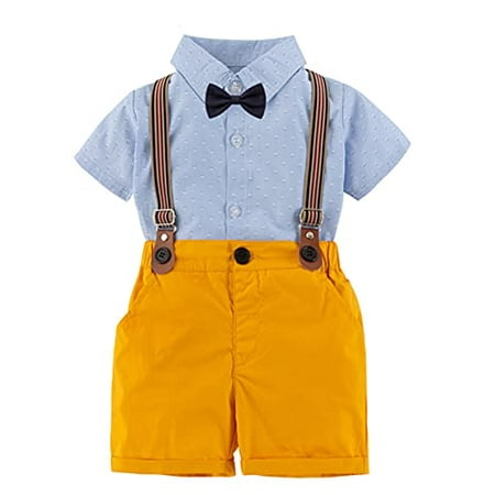 

StylesILove Baby Toddler Boys Classic Button Down Shirt and Shorts Suspenders Bowtie 4pcs Gentleman Suit Set Cotton Overalls Outfit (Blue Floral 2T)