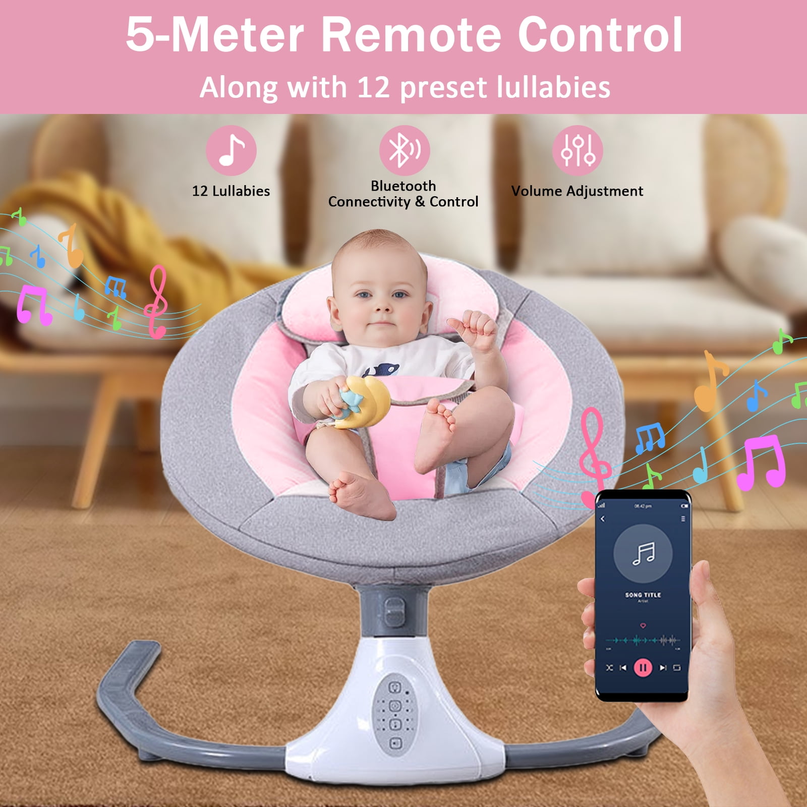 Beuway Electric Baby Swing for Infants - Bluetooth Music Speaker with 12 Lullabies,4 Speeds,4 Timers,Remote Control, Pink