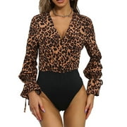 WaiiMak Underwear Womens Women's Spring And Autumn V-Neck Pullover With Flared Sleeve Lantern Sleeve Jumpsuit Slim Body Domineering Sexyyyyyyy Leopard Print Slimming Bodysuit Lingerie For Women Xl
