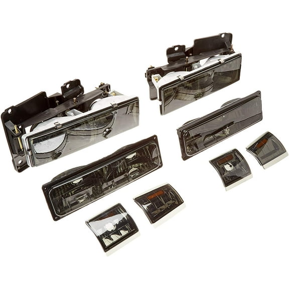 Factory Style Headlights Bumper Corner Lights Combo Chrome Housing Smoke Lens Amber Reflector Made For And Compatible With 1994 - 1998 GMC C/K Sierra Suburban Yukon 94 95 96 97 98