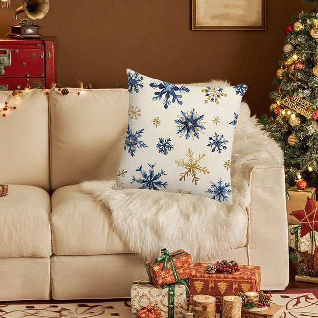 Blue Christmas Linen Material Elks Snowflake Component Pillowcase 18x18 In Home Bedroom Decoration Sofa Cushion