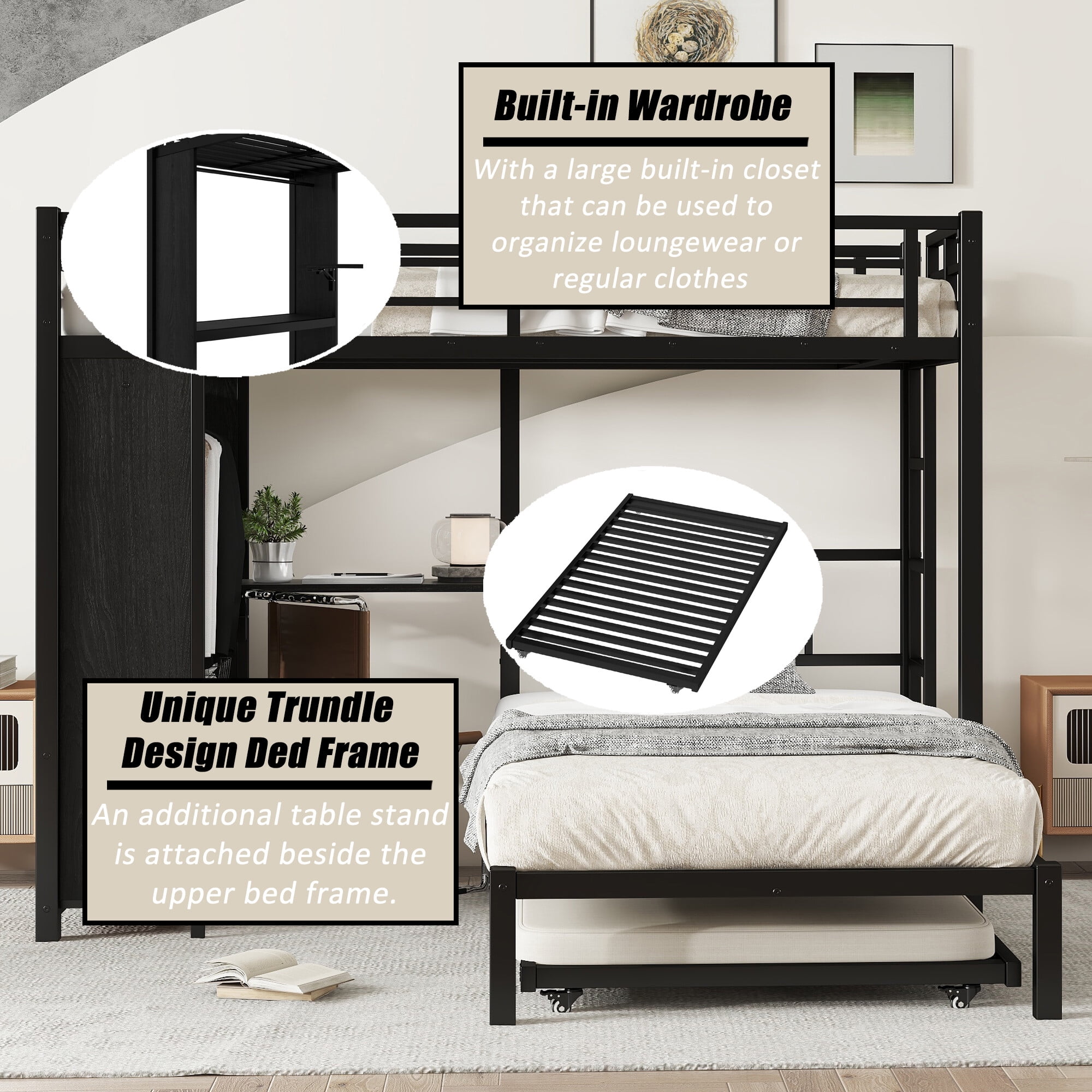 QZYeYun Twin over Twin Metal Bunk Bed with Built-in Wardrobe