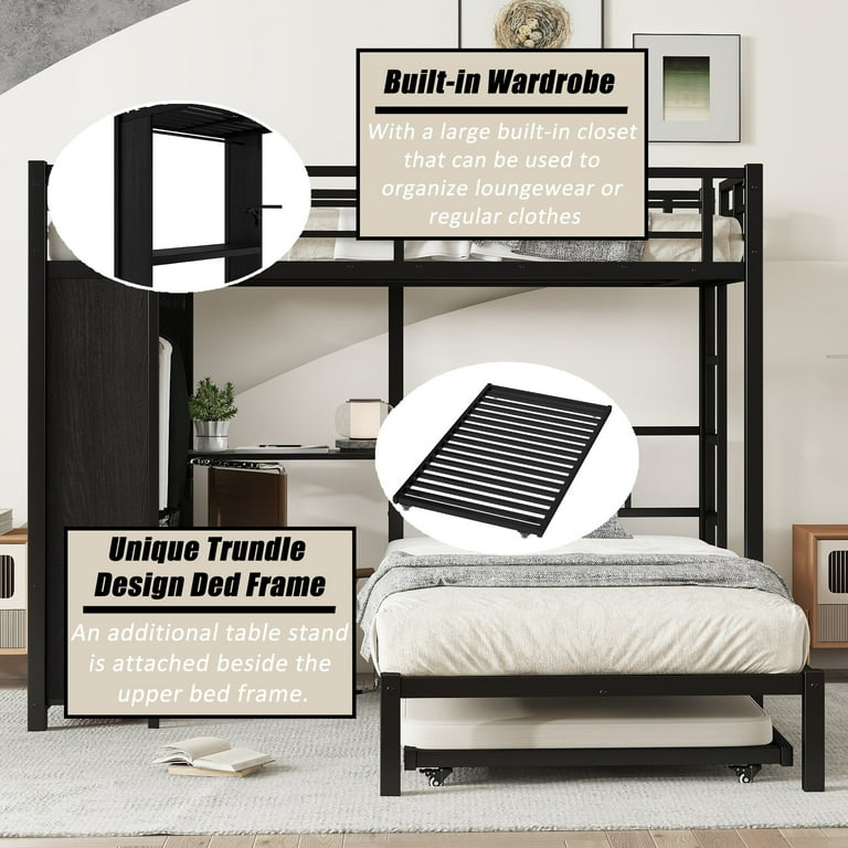 QZYeYun Twin over Twin Metal Bunk Bed with Built-in Wardrobe and