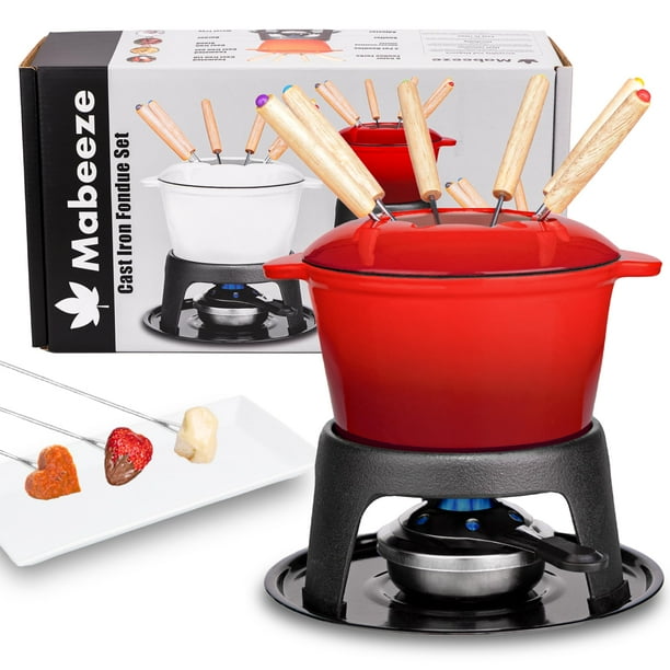 Juego de ollas para fondue de hierro fundido Mabeeze para queso, chocolate o carne - Olla esmaltada en rojo de 1,6 cuartos - Incluye 6 tenedores para fondue