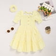 thumbnail image 2 of ZEHJUHAN Toddler Girls Summer Short Sleeve Sundress Square Neckline Tie Back A-Line Beach Dress With Matching Headband Yellow，2Y, 2 of 7