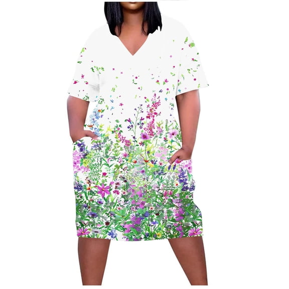 YuXingFu Church Dresses for Women Short Sleeve V-Neck Floral Loose Casual Dress Relaxed and Beach for Vacation Multicolor L