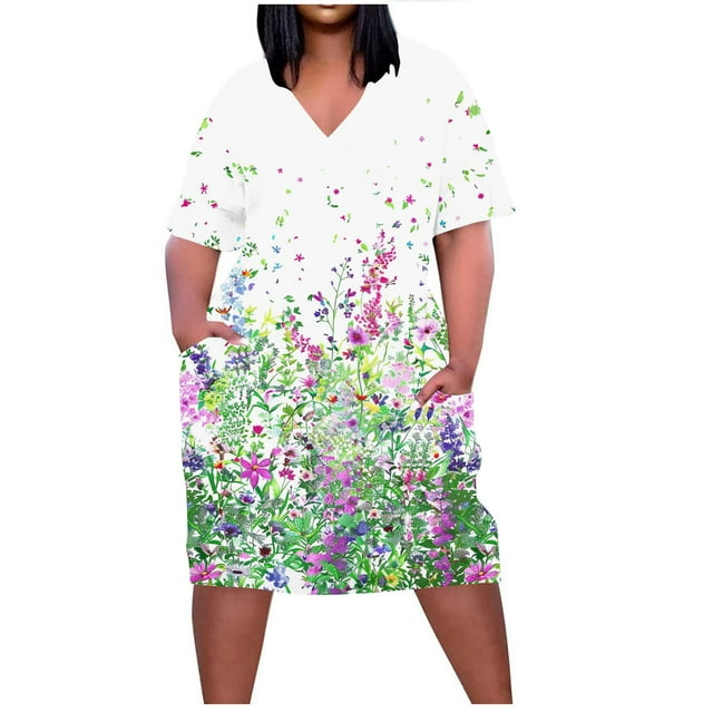 Pisexur Robes d'Été pour Femmes Mode Multicolore Imprimé Floral Robe Décontractée Ample Col en V Manches Courtes Robes T-Shirt Fluide Surdimensionnée avec Poches Robe Midi Grande Taille L-5TG