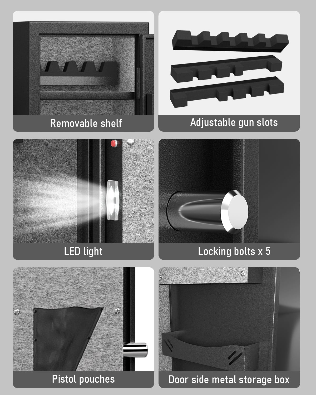 Riflewell 4-5 biometric gun safe, a long gun cabinet for household shotguns, pistols, and shotguns, equipped with detachable partitions, fire and smash resistant, dual alarm and silent modes