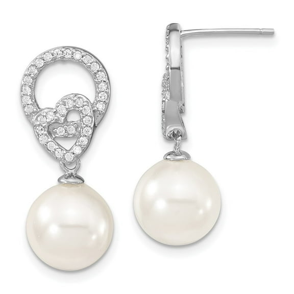 Auriga Fine Jewelry 925 Sterling Silver Rh-pl 10-11mm White Imitate Shell Pearl and CZ Dangle Earrings for Women