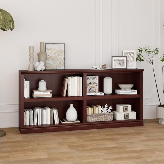 blini Low Horizontal Bookshelf Double Wide 64" 2-Tier Bookcase 4 Cube Storage Organizer Cherry Wood Bookcases for Bedroom and Home Office Decor Display