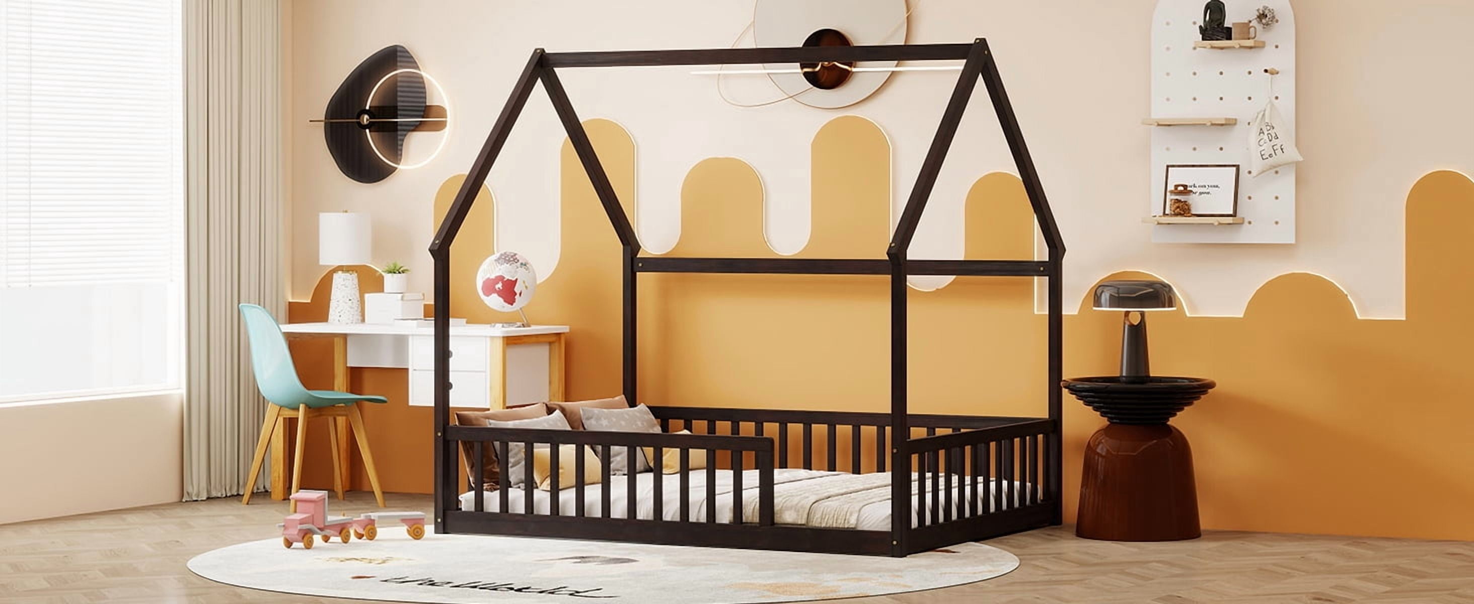 Full Size House Floor Bed with Roof Frame, Pine Wood Floor Bed with Safety Guardrails, Espresso