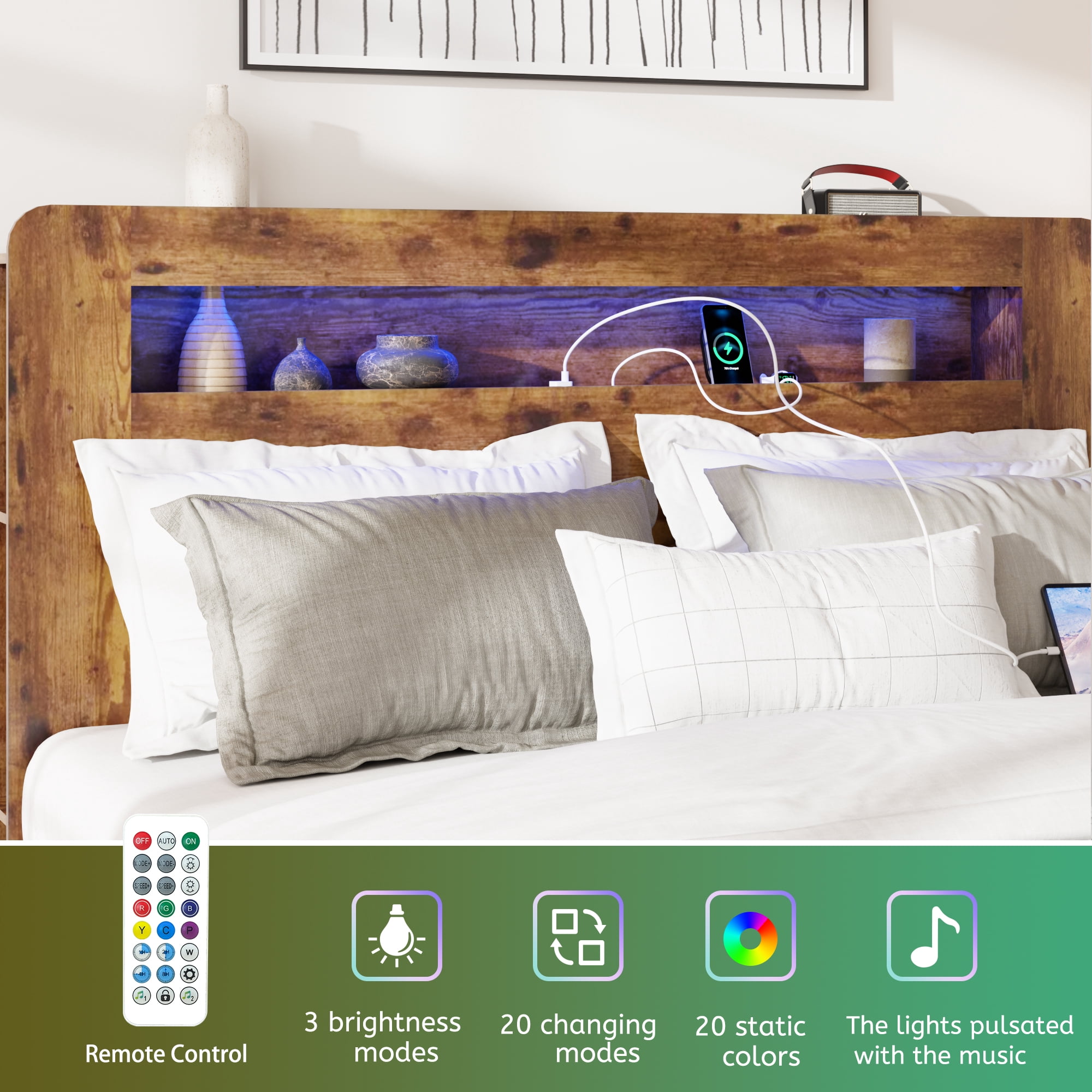 Gewnee Queen Size Platform Bed Frame with Storage Headboard, Charging Station, Wood Slats, No Box Spring Needed, Bedroom, Dark Brown