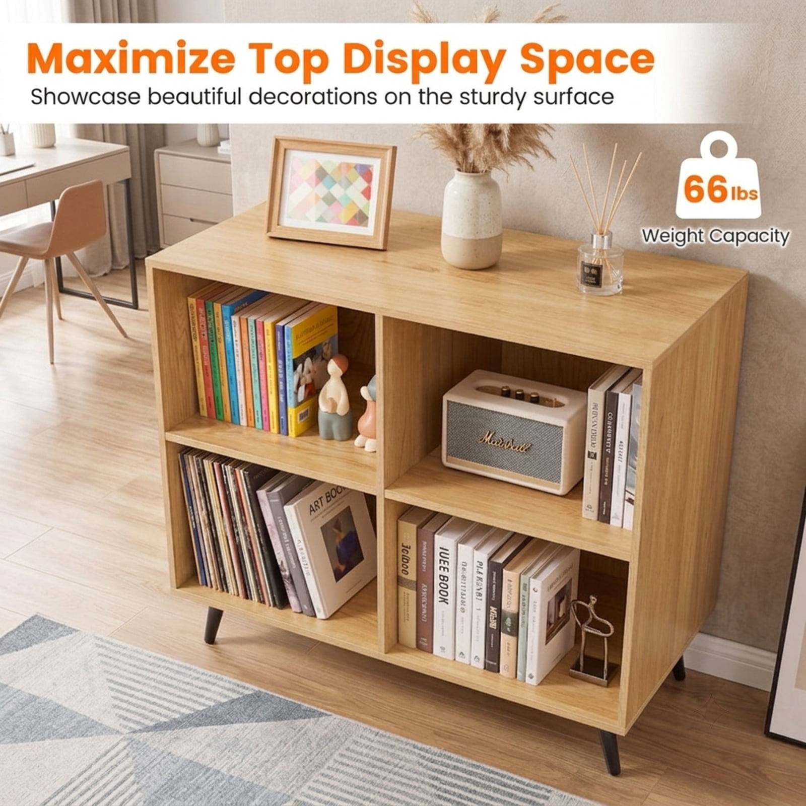 Furnibear 4-Cube Wooden Bookshelf, Freestanding Storage Bookcase with 5 Metal Legs and Enclosed Back for Living Room Home Office, Natural