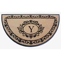 A1HC Heavy-Duty Semi-Circular Coir and Rubber Doormat, 36"x72" Hand-Flocked Monogrammed Front Porch Entrance Rug with Floral Design