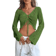 thumbnail image 2 of Womens Crochet Crop Tops Tie Front Bell Long Sleeve Cardigan V Neck Knit Shrug Sweaters Green M, 2 of 8