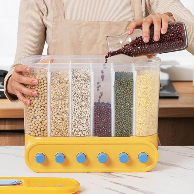 Wall-Mounted Dry Food Storage Dispenser Grains Rice Box kitchen organization essentials Candy essentials cereal dispenser Organizer 6 Grid Yellow