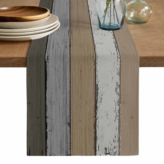 Brown Wood Grain Table Runner, Vintage Grey Stripe Gradient Grain Washable Cotton Linen Table Runners 36 Inches Long, Dresser Scarf Runner for Nightstand/End Tables/Round Tables 13''x36''