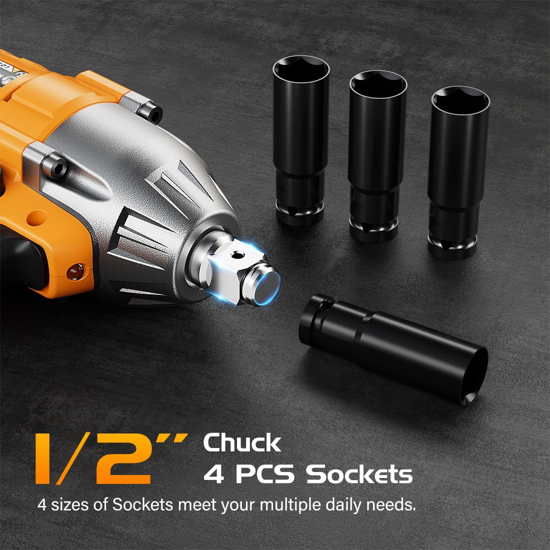 1/2 Power Impact Wrench 480N.m Impact Gun Cordless Electric Impact Driver with Battery and Charger include 17/19/20/21mm Sockets and 5 inch Extension Rod (1 xBattery)