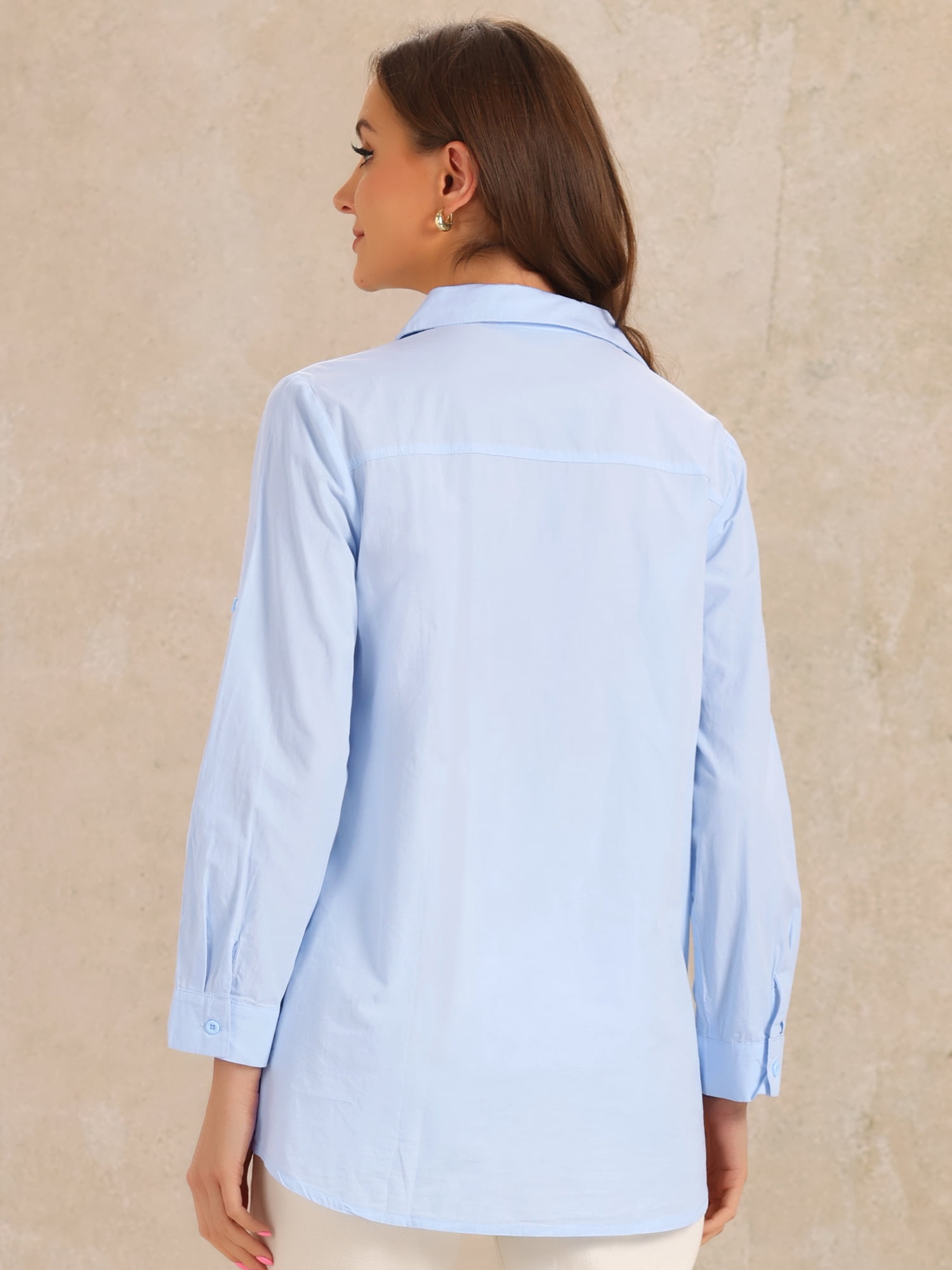 DARING DIVA Women's Collar Long Sleeve Button Down Cotton Work Shirt XL Light Blue
