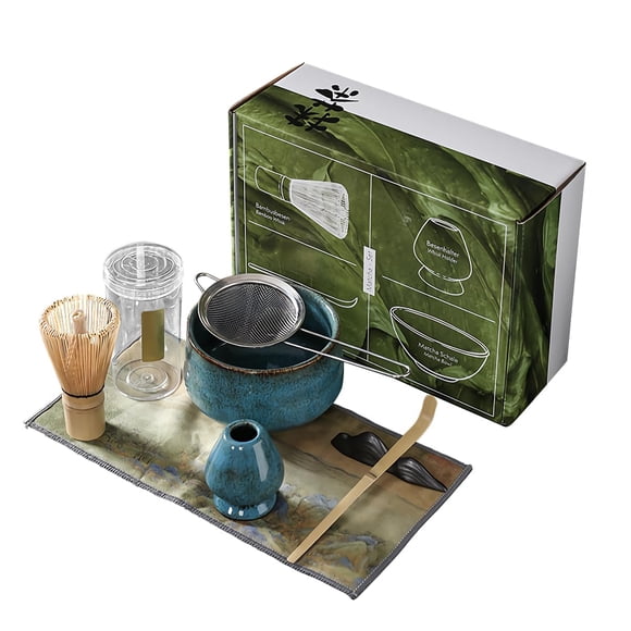 Kit de Té Matcha Tradicional - Juego Completo Con Batidor, Tazón de Cerámica Hecho a Mano, Soporte, Cuchara - Ceremonia de Té Japonés 7 Piezas