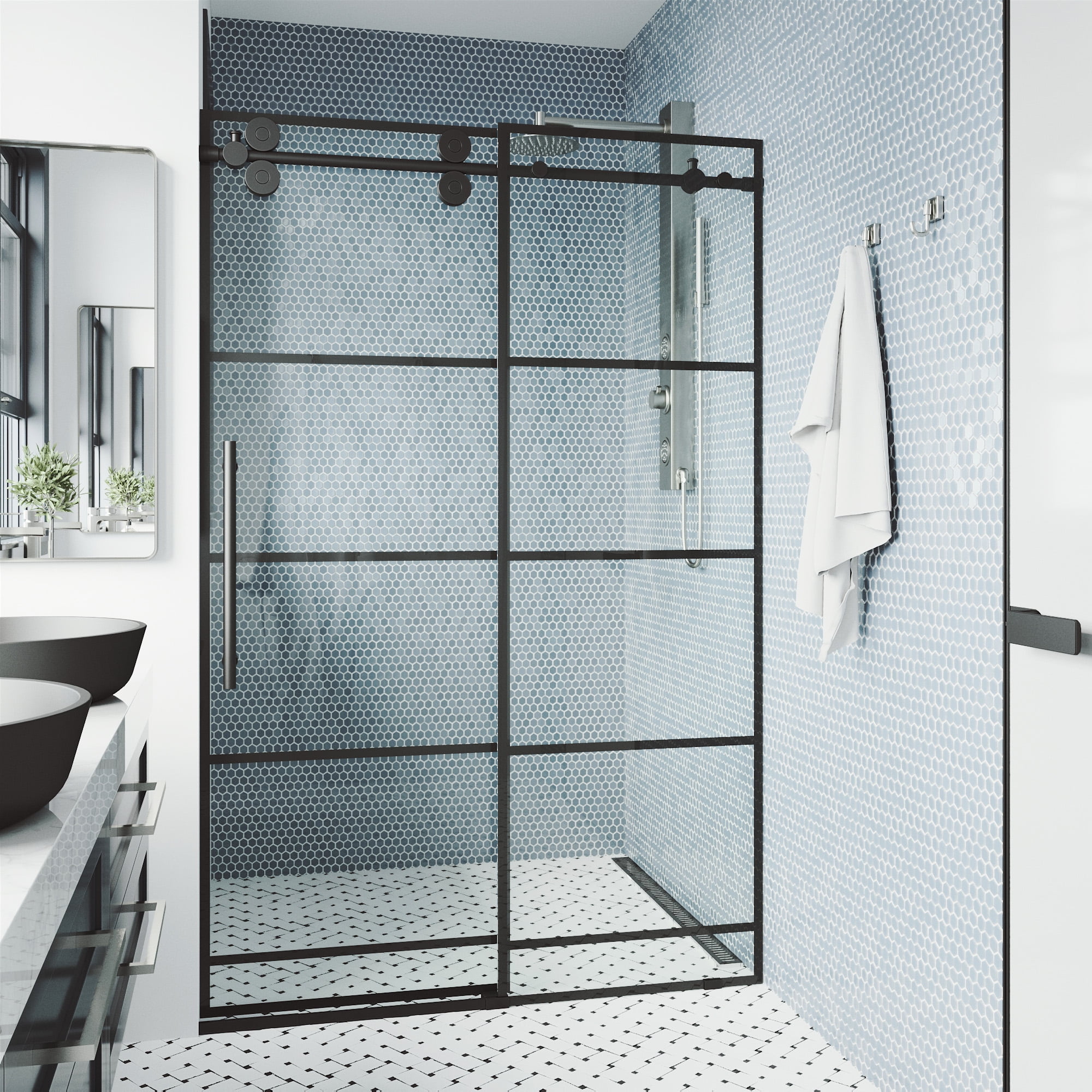 VIGO 6064inch Grid Elan Adjustable Sliding Shower Door in Matte Black