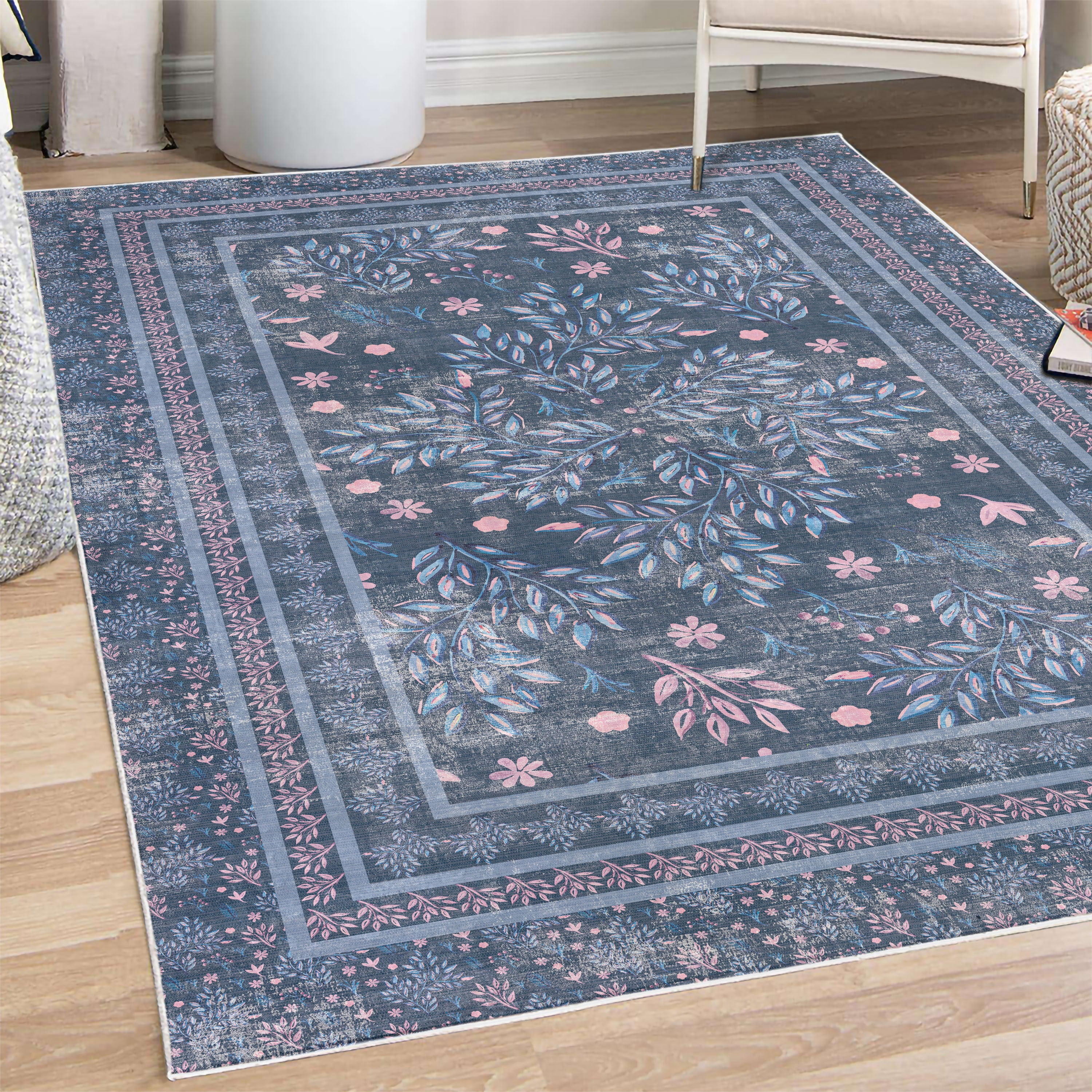 Leaves Decorative Rug, Vintage Art Watercolor Branches and Flowers on ...