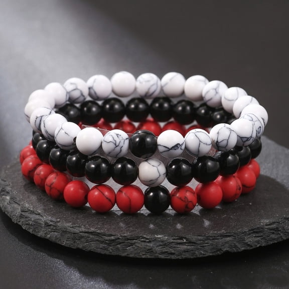 8mm Beaded Bracelet Set Black Red White Beads Elastic Stretch Wristband Unisex Jewelry 3 Piece Set for Men Women Accessory