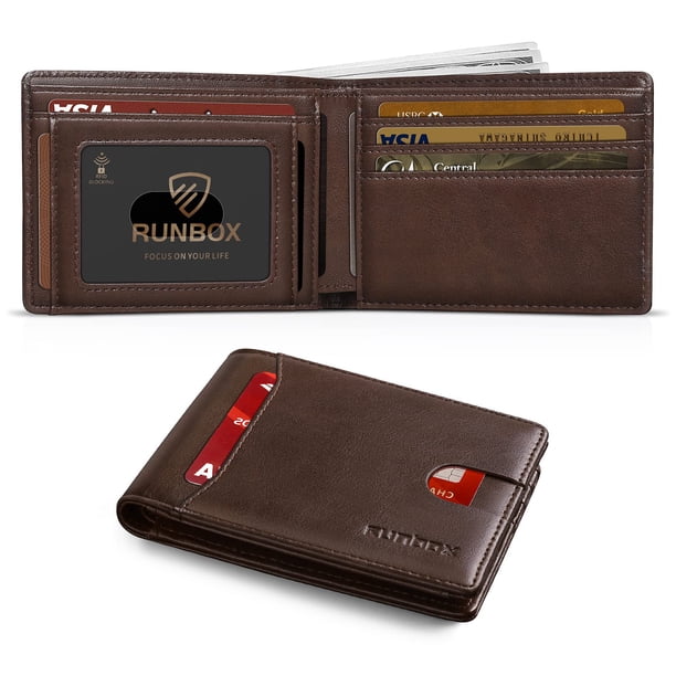 Cartera RUNBOX Slim de piel con bloqueo RFID, color café, para hombre