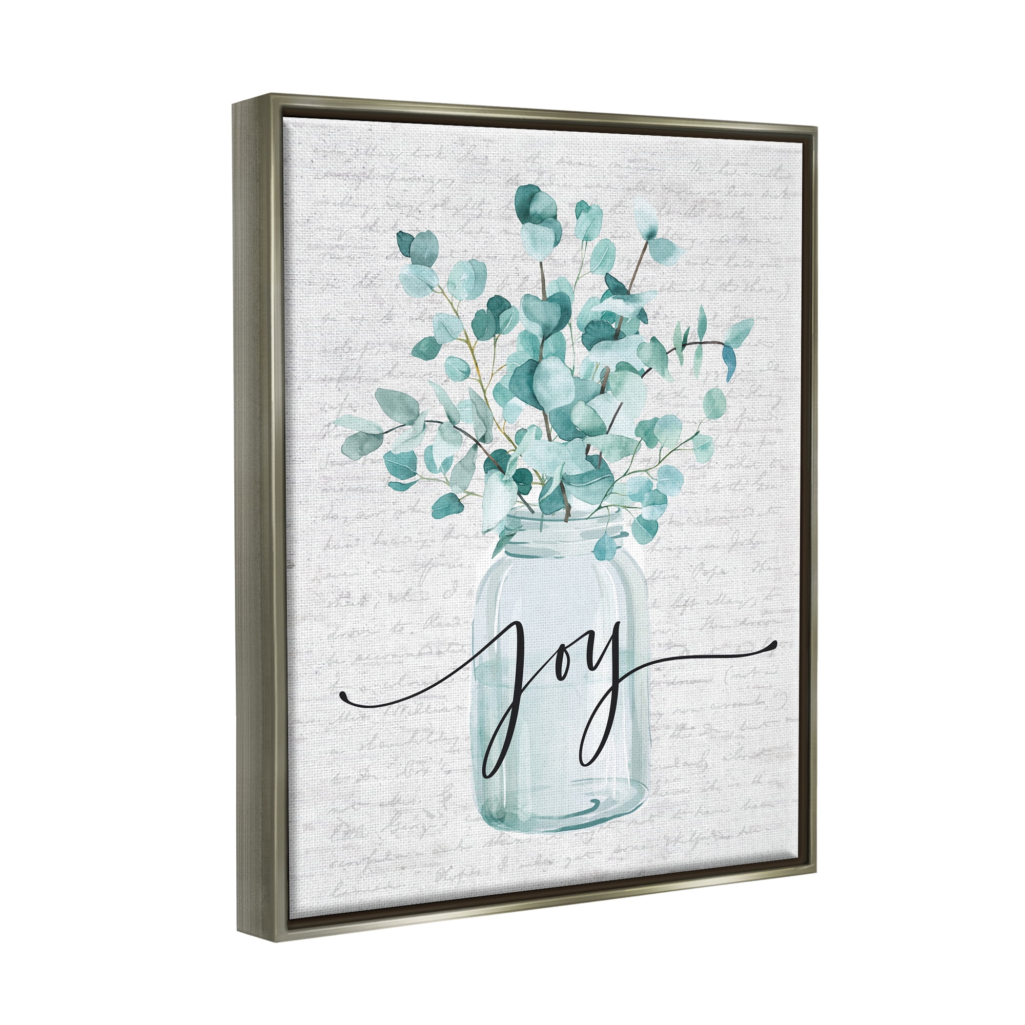 Stupell Industries Aqua Blue Plant Leaves In Jar Joy Text Design Luster Gray Framed Floating Canvas Wall Art, 16x20, by Lettered and Lined