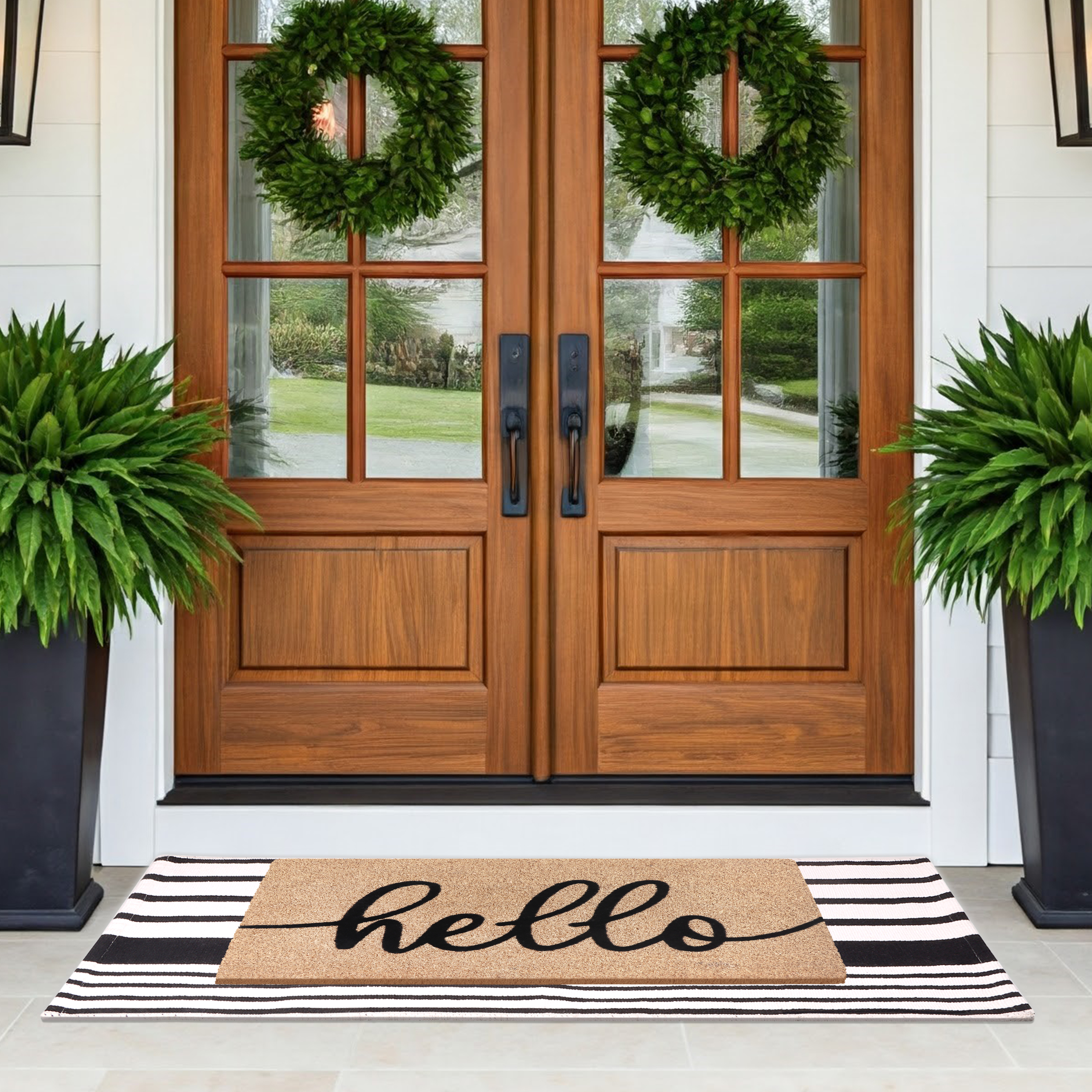A1HC Coir Welcome Mat and Black & White Striped Cotton Rug Combo Set, 24"x36" & 24"x51", Hand-Woven Washable Entryway Décor