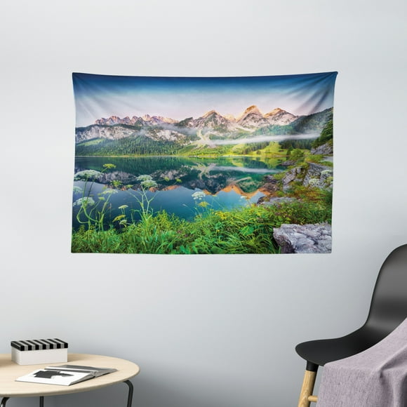 Nature Tapestry, Misty Summer Morning on Austrian Alps Mountain Range with Lake Wanderlust Landscape , Wall Hanging for Bedroom Living Room Dorm Decor, 60W X 40L Inches, Green Blue, by Ambesonne