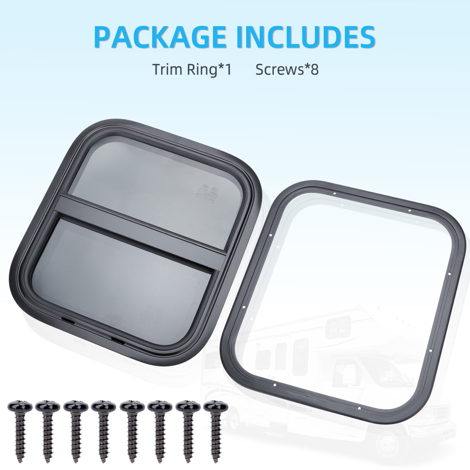RV Window for Trailer Camper, 14" W x 16" H Vertical RV Window with Net Screen and Trim Ring RV Window for Cargo Trailer Camper for 15/16" to 1-3/4" Thick Walls, DOT Approved